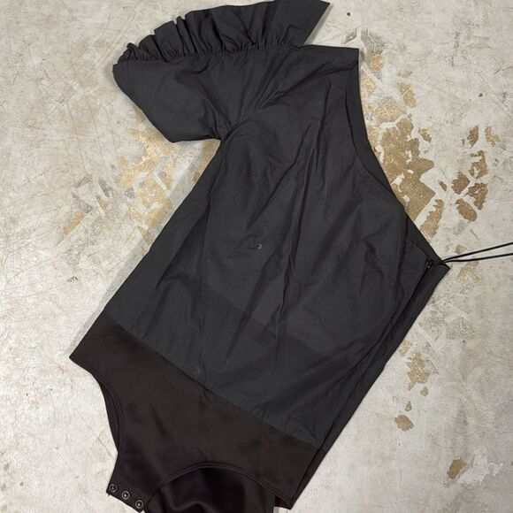 Black One Shoulder Body Suit - Flower Ruffle One Sleeve Pattern - Size - Picture 3 of 3